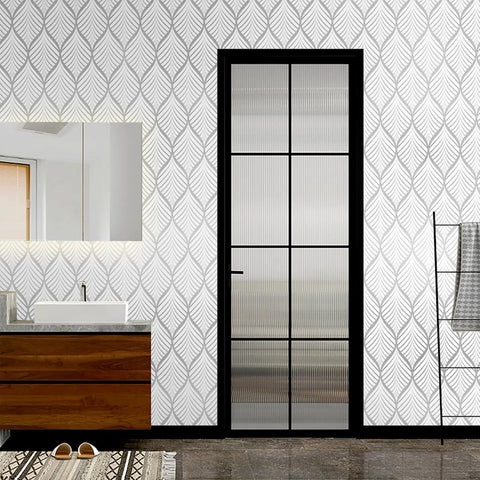 Silver Gray Peel And Stick Wallpaper For Cabinets And Bathrooms No Mess DIY Ready Modern Boho Leaf Design on bathroom wall