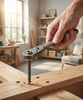 Close-up of using 23 Piece Flexible Head Ratchet Socket Wrench Set With Heavy Duty CRV Steel All In One Repair Tool Kit Includes Screwdriver Bits for furniture assembly.
