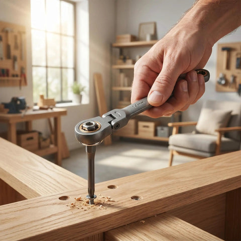 Close-up of using 23 Piece Flexible Head Ratchet Socket Wrench Set With Heavy Duty CRV Steel All In One Repair Tool Kit Includes Screwdriver Bits for furniture assembly.