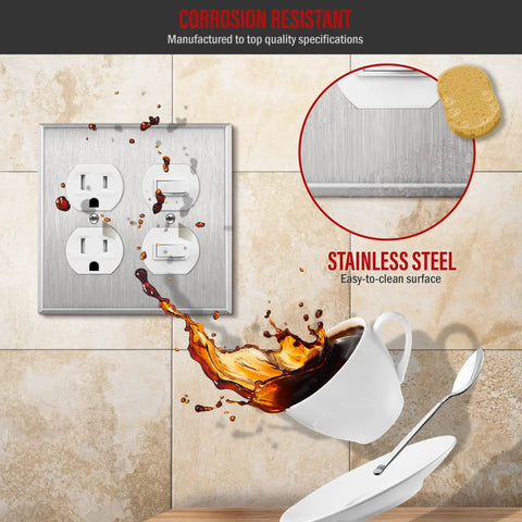 Two Gang Metal Wall Plate For Duplex Receptacles Stainless Steel 430 Corrosion Resistant And Impact Tough Heat Safe UL Listed 4.50 By 4.57 Inches Silver Ten Pack Built To Stand Up To Heavy Use And Extreme Environments with coffee spill demonstration.