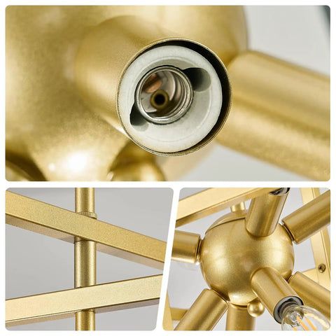Close-up of gold finish details of Black And Gold Dope Industrial 8 Light Geometric Pendant Chandelier For Dining Room And Kitchen Island Modern Square Hanging Light Fixture Dimmable With LED Edison Incandescent Bulbs Bulbs Not Included.