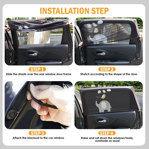Installation steps for Baby Car Window Shades Breathable Mesh UV Protection Sun Covers for rear car window.
