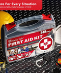 Swiss Safe first aid kit in large clear hard case with red label, 348 items for car, travel, and home