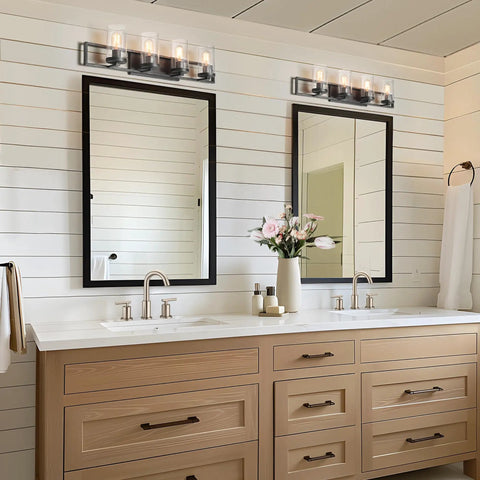 Farmhouse Rustic Bathroom Vanity Light Fixture With Wood Frame And Cylindrical Bubbled Glass above double vanity mirrors