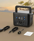 120Wh Portable Power Station With 200W Output, Six Output Ports, AC Outlet, accessories, and instruction manual