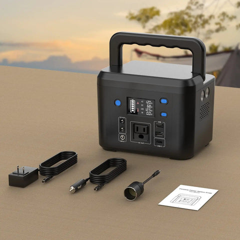 120Wh Portable Power Station With 200W Output, Six Output Ports, AC Outlet, accessories, and instruction manual