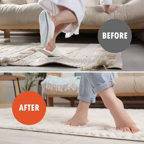 Before and after comparison using 4 Pack Extra Strong Non Slip Rug Pad Tape With Vacuum Tech Grip For Hardwood Floors And Tile.