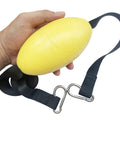 Hand holding yellow buoy with straps, carabiners attached, part of All In One Kayak Anchor Rope And Buoy Kit With Stainless Steel Carabiners 70 Inch Tow Rope High Visibility Yellow Harness Buoy For Kayaks And Small Boats Grab And Go Easy Quick Connect Drifting And Towing Gear
