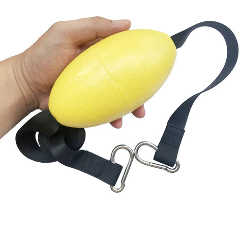 Hand holding yellow buoy with straps, carabiners attached, part of All In One Kayak Anchor Rope And Buoy Kit With Stainless Steel Carabiners 70 Inch Tow Rope High Visibility Yellow Harness Buoy For Kayaks And Small Boats Grab And Go Easy Quick Connect Drifting And Towing Gear