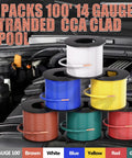 Six Color Red Blue Green Yellow Brown White 100ft Each 600ft Total 14 Gauge CCA Automotive Primary Wire Spool SAE J1128 Hook Up Electrical Wire For Trailer Towing RV Camper displayed in front of automotive engine.