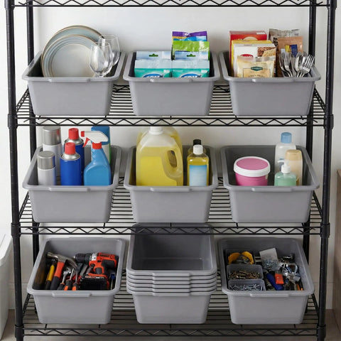 Six Pack Plastic Bus Tubs 8L Capacity For Restaurant And Food Service Use Durable Gray Totes organized on metal shelves.