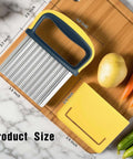 Crinkle cutter set (2-pack) with blue handle and yellow blade guard, stainless steel ribbed blades on cutting board
