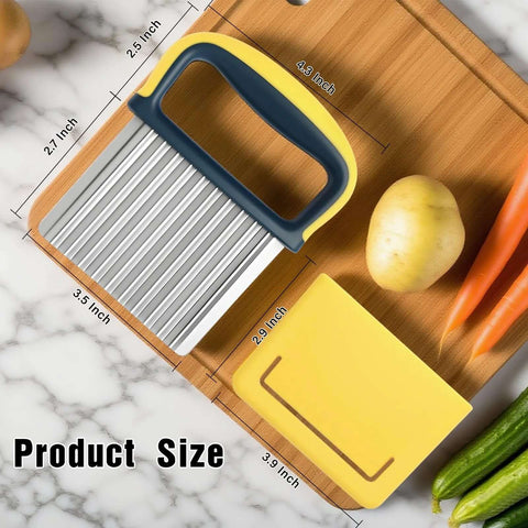 Crinkle cutter set (2-pack) with blue handle and yellow blade guard, stainless steel ribbed blades on cutting board