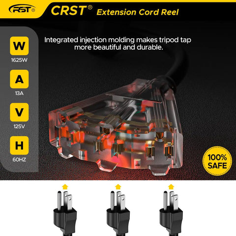 Retractable 55Ft Extension Cord Reel for Garage and Workshop, lighted triple tap outlet, heavy duty 14AWG 13A SJTOW