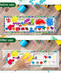 36 Piece Set Of Upgraded Clear Self Adhesive Nameplate Pockets 15.3 By 4.5 Inch Desk Name Tags With No Residue Easy Peel And Stick For Classroom Office And Daily Organization, showing before and after use with a hand cleaning the pocket.