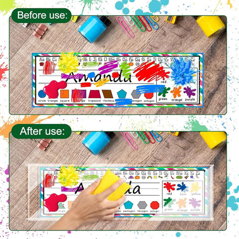 36 Piece Set Of Upgraded Clear Self Adhesive Nameplate Pockets 15.3 By 4.5 Inch Desk Name Tags With No Residue Easy Peel And Stick For Classroom Office And Daily Organization, showing before and after use with a hand cleaning the pocket.