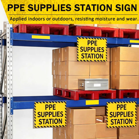 PPE Supplies Station Stickers 10x7 Waterproof PVC Safety Signs on warehouse shelving with boxes and pallets.