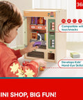 Child playing with Wooden Vending Machine Play Set for Kids Built For Realistic Pretend Shopping Fun With Snack Bars And Drink Cans