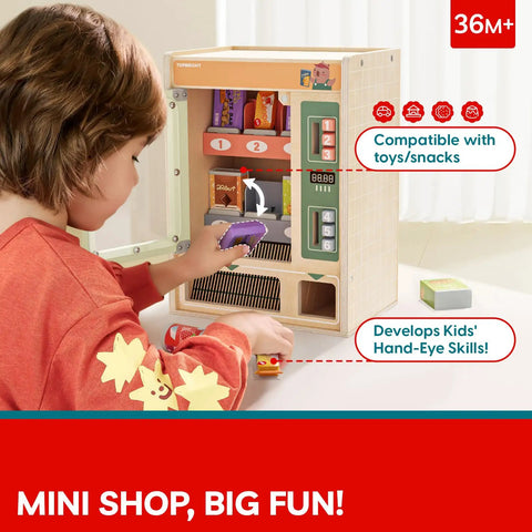 Child playing with Wooden Vending Machine Play Set for Kids Built For Realistic Pretend Shopping Fun With Snack Bars And Drink Cans
