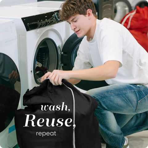 Person using Heavy Duty Nylon Laundry Bag With Locking Drawstring, Large 30x40 Inch Capacity, in front of washing machine