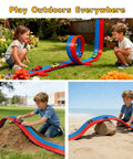 Kids playing with Flexible Sixteen Point Four Foot Bendable Race Track Set in garden and beach, features blue and red tracks.