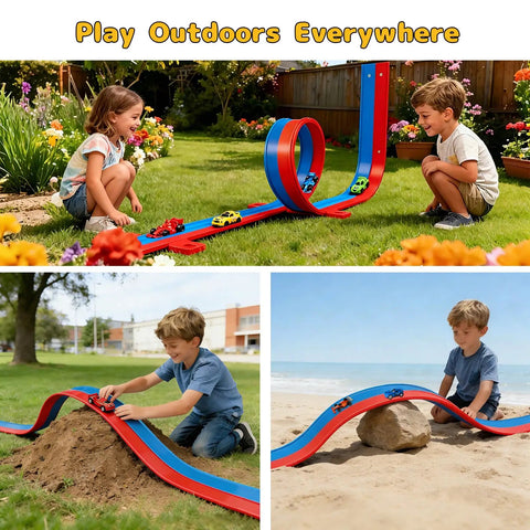 Kids playing with Flexible Sixteen Point Four Foot Bendable Race Track Set in garden and beach, features blue and red tracks.