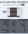 Nema34 Stepper Motor Planetary Gearbox with 8 Arcmin Backlash, 20 to 1 Gear Ratio, IP65 Protected, Side View and Specifications Chart