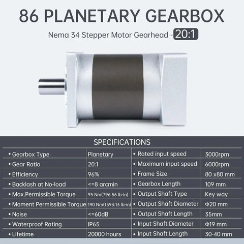 Nema34 Stepper Motor Planetary Gearbox with 8 Arcmin Backlash, 20 to 1 Gear Ratio, IP65 Protected, Side View and Specifications Chart