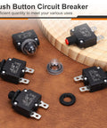 Three Pack 12 Amp Push Button Circuit Breakers With Waterproof Button Caps 125/250V AC And 32V DC Manual Reset Thermal Overload Protectors, black