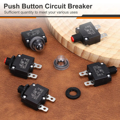 Three Pack 12 Amp Push Button Circuit Breakers With Waterproof Button Caps 125/250V AC And 32V DC Manual Reset Thermal Overload Protectors, black