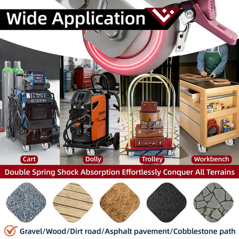 3 Inch Heavy Duty Dual Spring Shock Absorption Caster Wheels Set Of 4 on carts, trolleys, and workbenches for diverse terrains.
