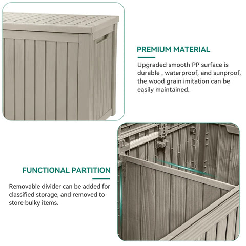 Beefy 220 Gallon XL Outdoor Storage Deck Box with Divider, showcasing taupe wood-grain resin and interior storage options