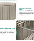 Massive 220 Gallon Outdoor Storage Deck Box With Divider Waterproof Lockable Resin Built Wood Look Brown Perfect For Patio Furniture And Garden Tools Organization showing removable divider and material details.