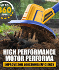 Cordless Garden Tiller Cultivator Powered By 20V Max Battery, 360 RPM Performance, in use tilling soil