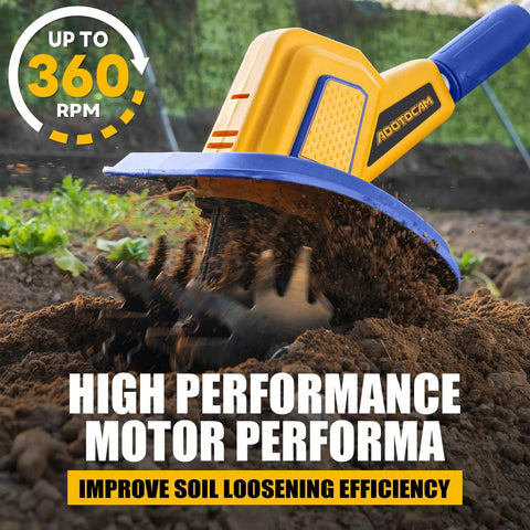 Cordless Garden Tiller Cultivator Powered By 20V Max Battery, 360 RPM Performance, in use tilling soil