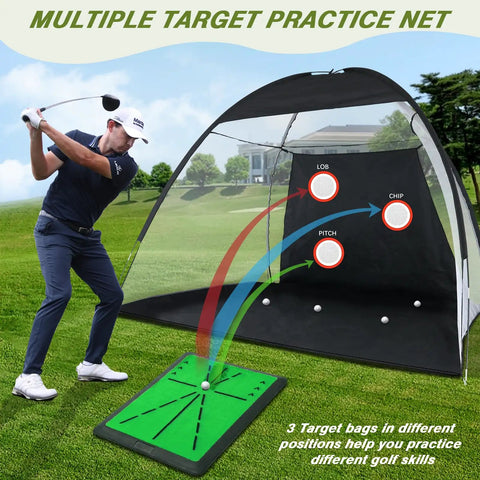 Golfer using 10x7Ft Golf Practice Net With Swing Mat For Backyard Driving And Indoor Training, Durable Golf Hitting Net