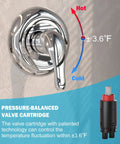 Tub And Shower Faucet Kit With 9-Setting Rain Shower Head In Chrome Finish showing pressure-balanced valve and temperature control.