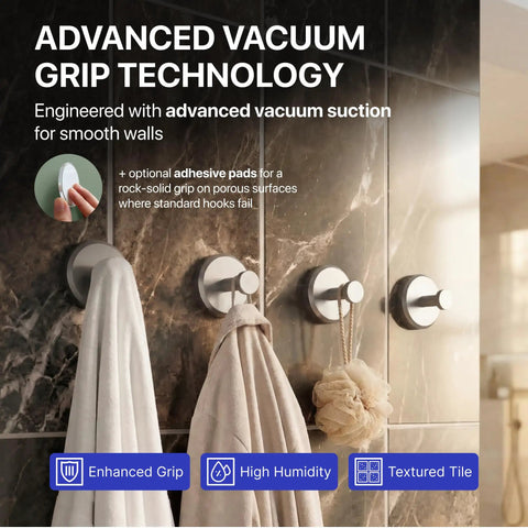 Shower Suction Cup Hooks 4 Pack No Drill Easy Twist Lock Install On Tiles Glass Door Or Mirror Bathroom Organizer For Towels Robes And Coats Strong Hold Nickel Finish installed on marble wall with towels hanging.
