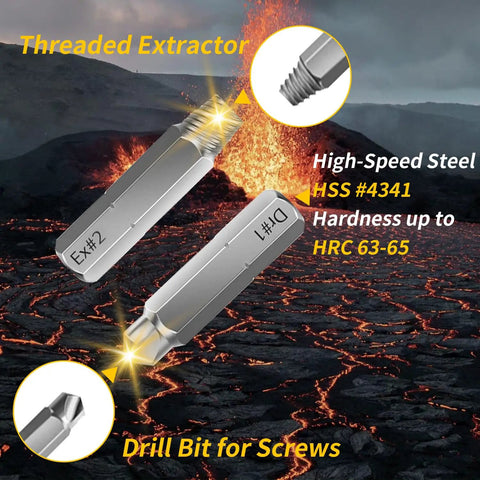 Close-up view of threaded extractor and drill bit from 33 Piece Screw Extractor And Bolt Remover Kit With HSS Drill Bits Magnetic