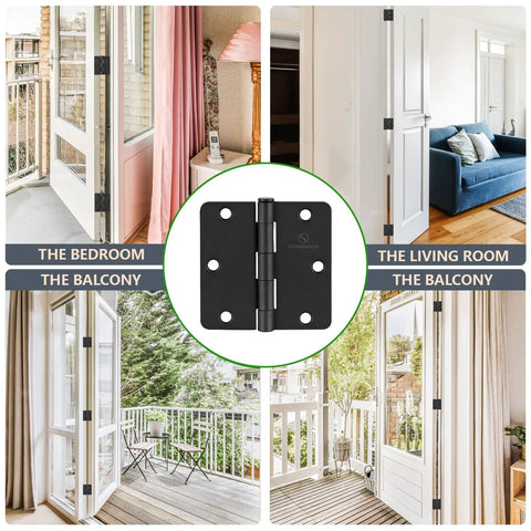 Top Shelf Matte Black Interior Door Hinges 3 1/2 Inch 1/4 Radius Flat Iron Hardware in various home settings.