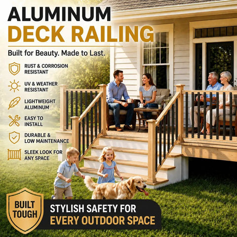 Rock Solid Black Aluminum Balusters 50 Pack 32 25 Inch Rust Proof Deck Spindles With Screws And Spacing Jig For Porch Staircase Balcony Railings Built Tough No Sweat Upgrade on a stylish outdoor deck.