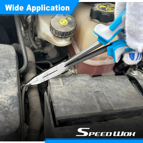 Three Piece 13 Inch Long Reach Double Joint Ring Nose Pliers With XL Pivot For Hose Grip And Spark Plug Removal In Tight Spaces Ideal For Auto Shop Garage Or Workshop One Third Inch To Three Quarter Inch Diameters used in engine bay