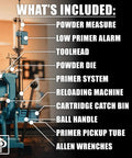 Diagram showing components of XL750 Auto Indexing Progressive Reloading Press for 9mm cartridges, including powder measure and toolhead.