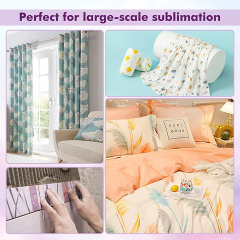 Wide Format Sublimation Paper Roll 17 Inch Wide by 110 Feet Long 105gsm 3 Inch Core Easy to Cut Transfer Paper For DIY Custom Gifts And Blanks Compatible With Sublimation Ink shown in use for curtains, bedding, and wallpaper.