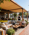 Cafe patio with 3-Way T-Shaped Pergola Brackets Kit For 6 By 6 Inch Lumber in matte black finish creating shaded outdoor seating