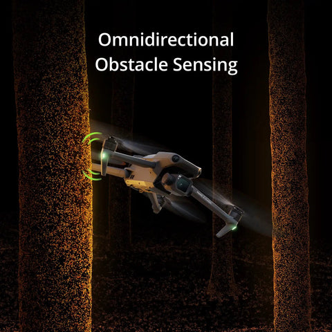 Mavic 3 Classic Drone Only With Four Thirds CMOS Hasselblad Camera, 5.1K Video showing omnidirectional obstacle sensing in a forest.