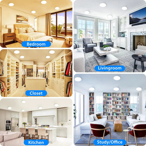 Five Pack 9 Inch Flush Mount Ceiling Light White 18W 5000K LED Ultra Slim Round Flat Low Profile Fixture in various rooms