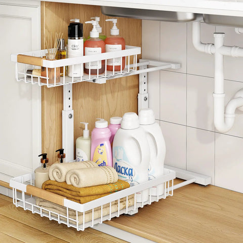Super Sturdy Two Tier Under Sink Organizer With Adjustable C Shape Base And Smooth Pull Out Rollers, featuring slide out shelves holding cleaning supplies.