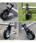Heavy Duty Gate Caster Wheel Featuring Solid Rubber Tires And Fully Adjustable Height on gravel and grass surfaces.
