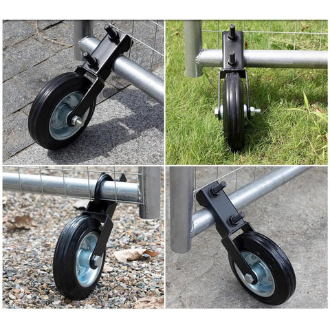 Heavy Duty Gate Caster Wheel Featuring Solid Rubber Tires And Fully Adjustable Height on gravel and grass surfaces.